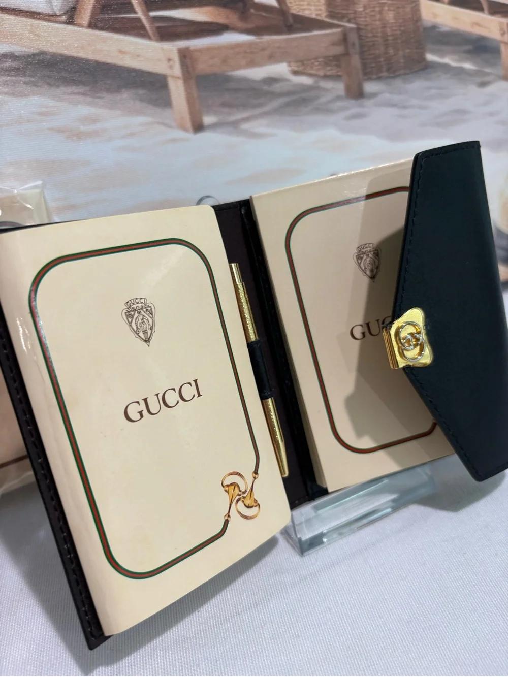 Authentic Vintage Gucci Black Leather Address Book Notebook Pen Set with Box new